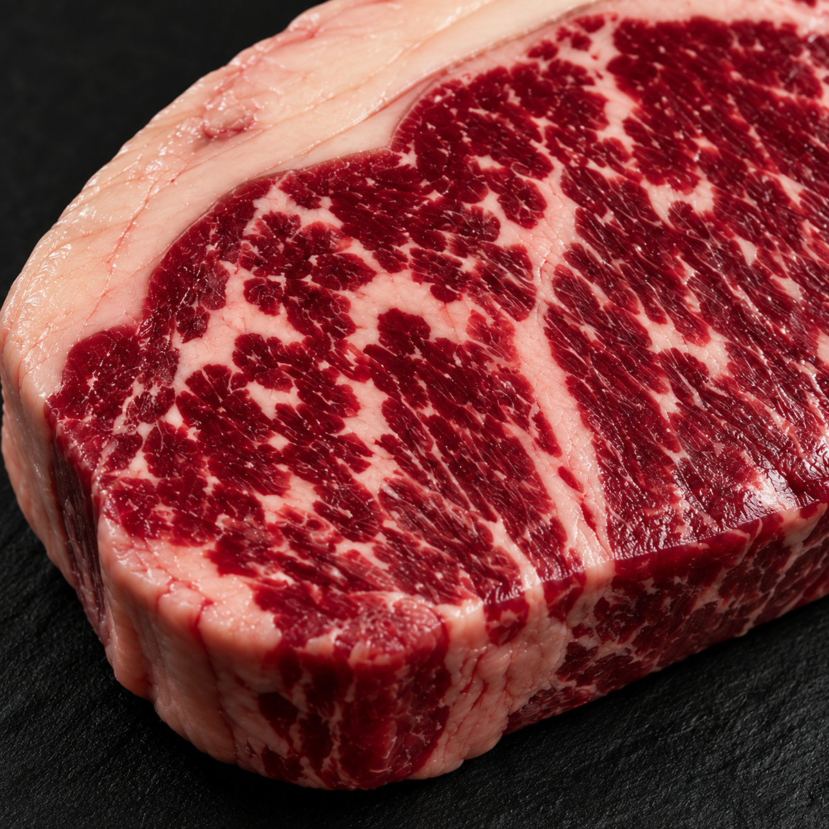 Close-up van de marmering en vetrand van Black Angus entrecote – Meat & Go