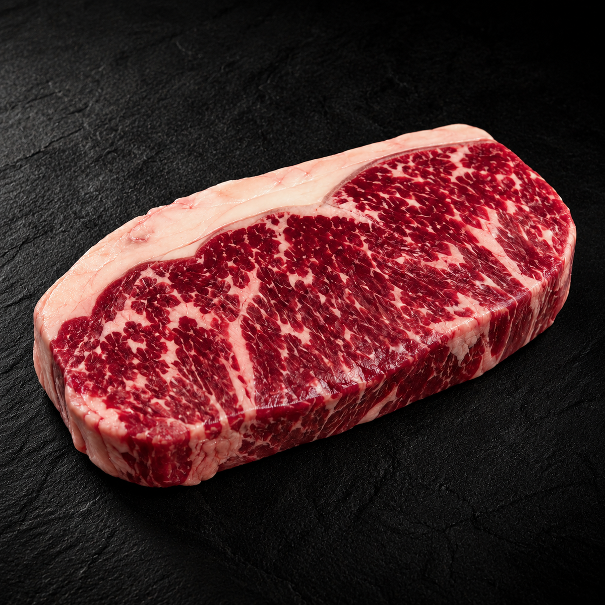 Black Angus entrecote met vetrand op donkere natuursteen – Meat & Go