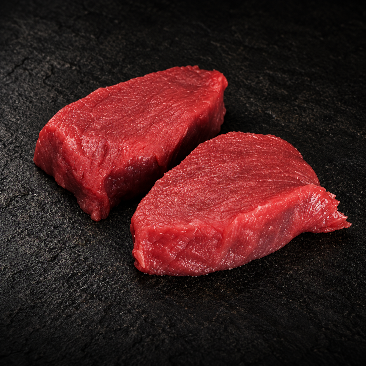 Twee biefstukken van de haas op donkere natuursteen – Meat & Go
