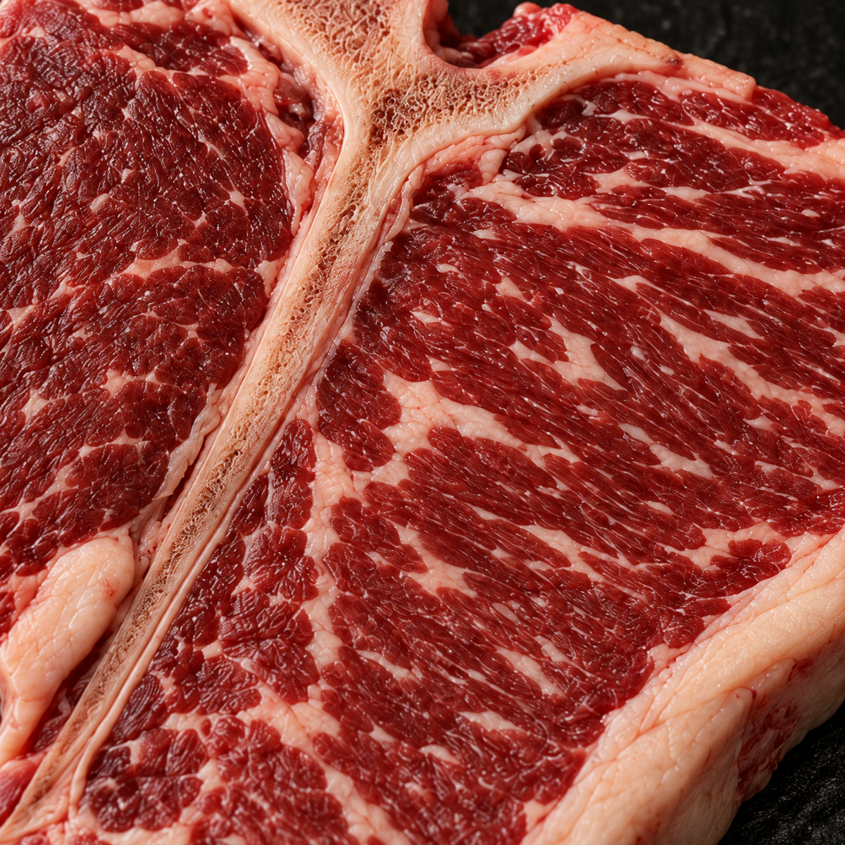Close-up van vleesstructuur en T-vormig bot van T-bone steak – Meat & Go
