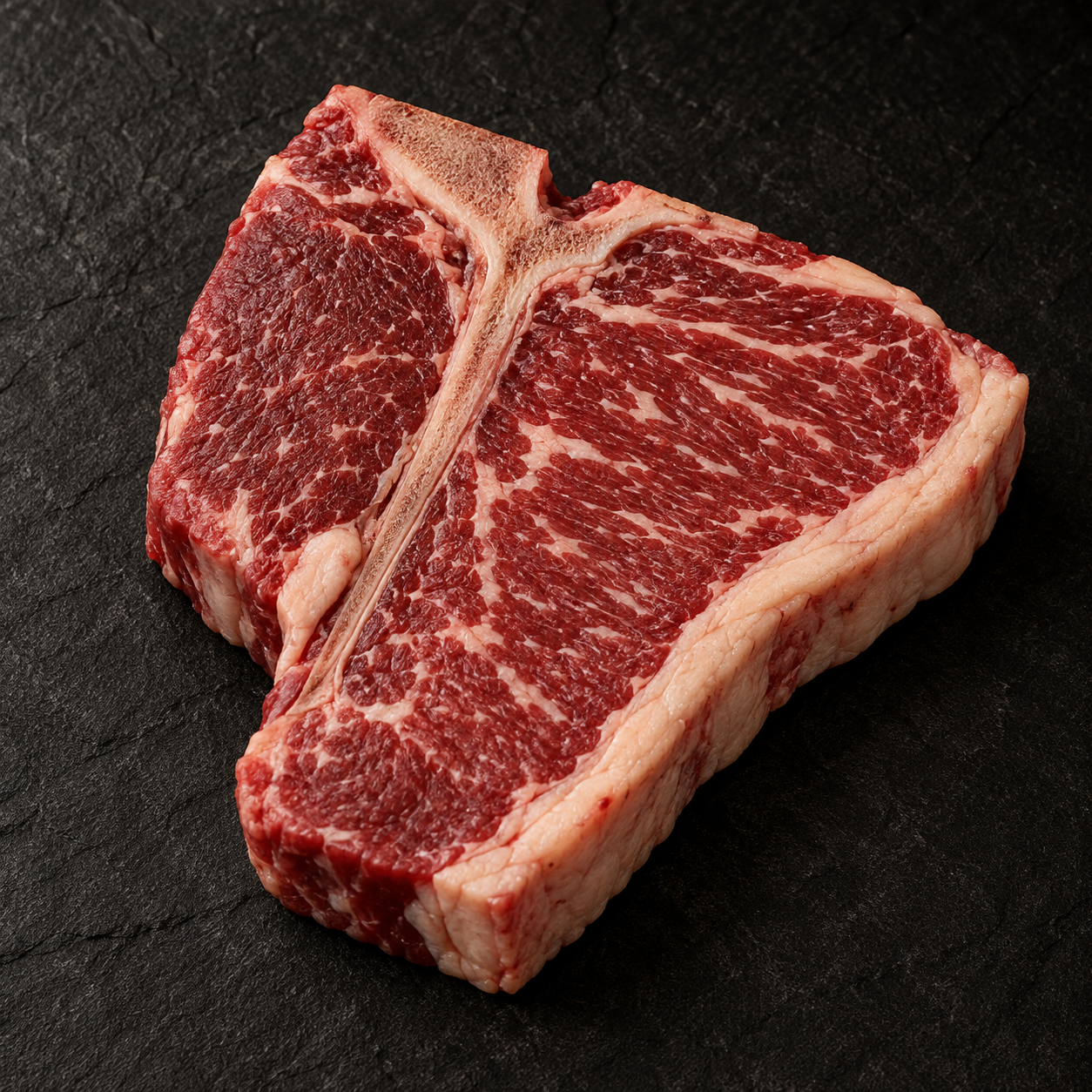 T-bone steak met vetrand op donkere natuursteen – Meat & Go